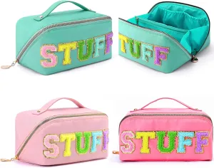 3Pcs Stoney Clover Preppy Makeup Bag, Stuff Bag Travel Makeup Cosmetic Bag, Chenille Letter Patch Open Flat Nylon Pouch, Mixed