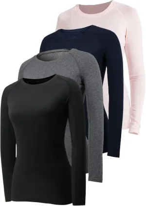 4 Pack Long Sleeve Compression Shirts for Women Workout Athletic Baselayer Yoga Softball T-Shirts Cool Running Tops