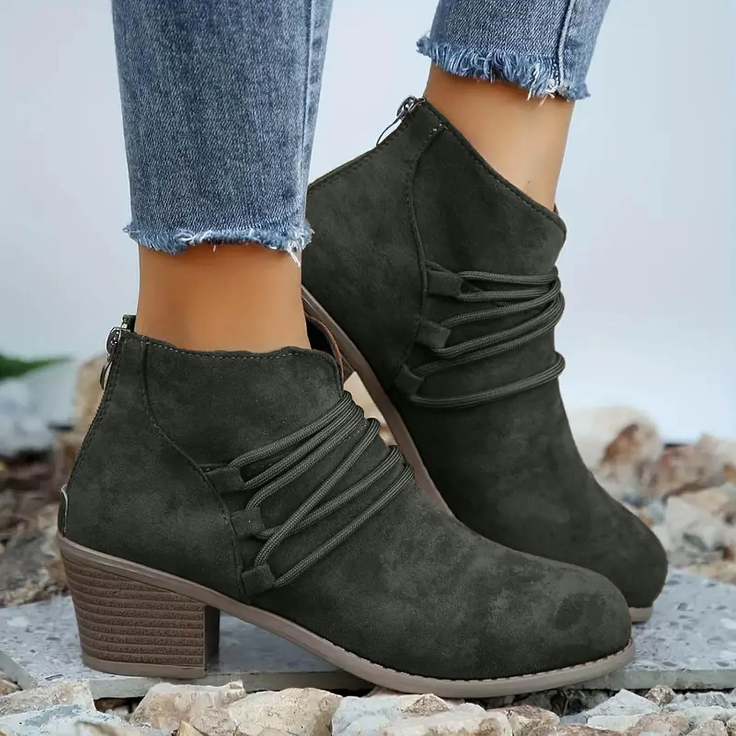 AMDBEL Boots for Women Ankle Booties Comfortable Low Heel Side Zipper Pointd Toe Suede Fall Winter Short Boots Fashion Shoes