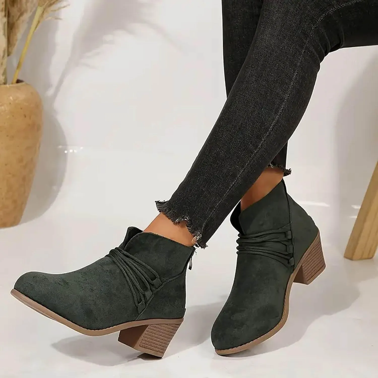 AMDBEL Boots for Women Ankle Booties Comfortable Low Heel Side Zipper Pointd Toe Suede Fall Winter Short Boots Fashion Shoes