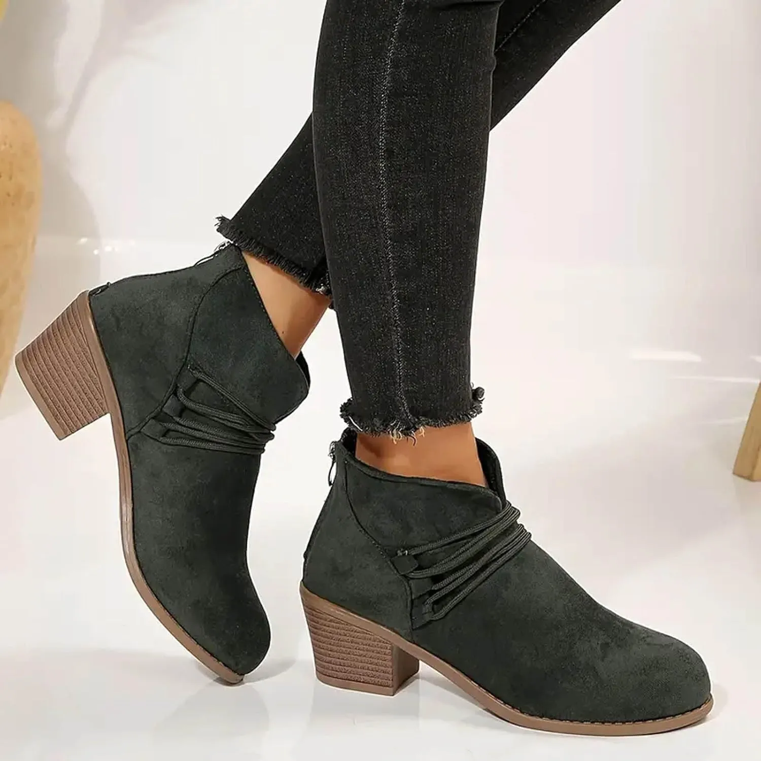 AMDBEL Boots for Women Ankle Booties Comfortable Low Heel Side Zipper Pointd Toe Suede Fall Winter Short Boots Fashion Shoes