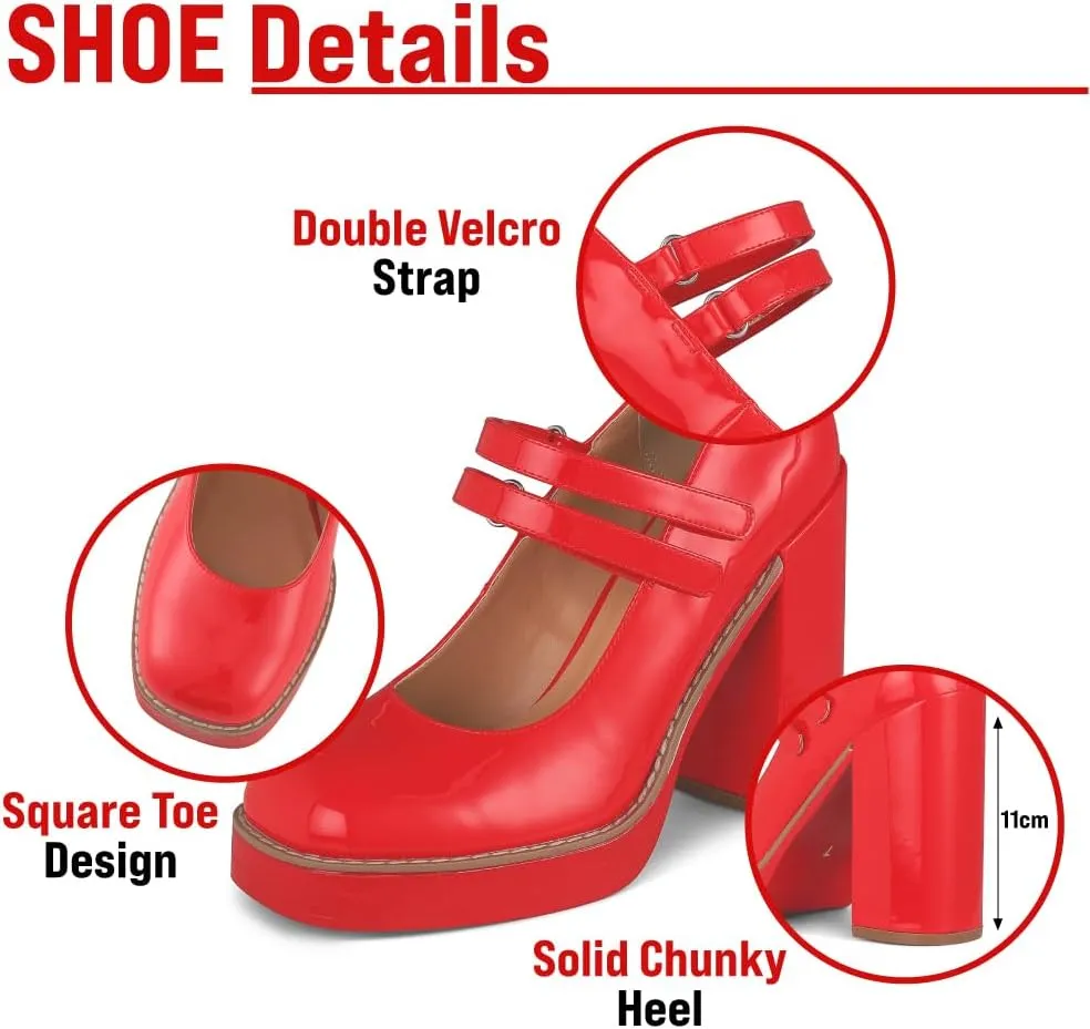 Ancomafio Women’s Mary Janes Square Toe Platform Heels Chunky Heeled Pumps Twice Loafer Ankle Strap Mary Janes Shoes