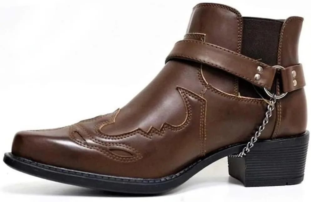 AngryMonkey Men's Pointed Toe Cowboy Boots Slip-On Chunky Heel Western Bootie Arch Support Personality Buckle Belt Chain Strap