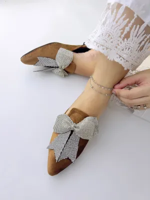 Annabel Chocolate Brown Crystal mesh bow Velvet Mules-11029