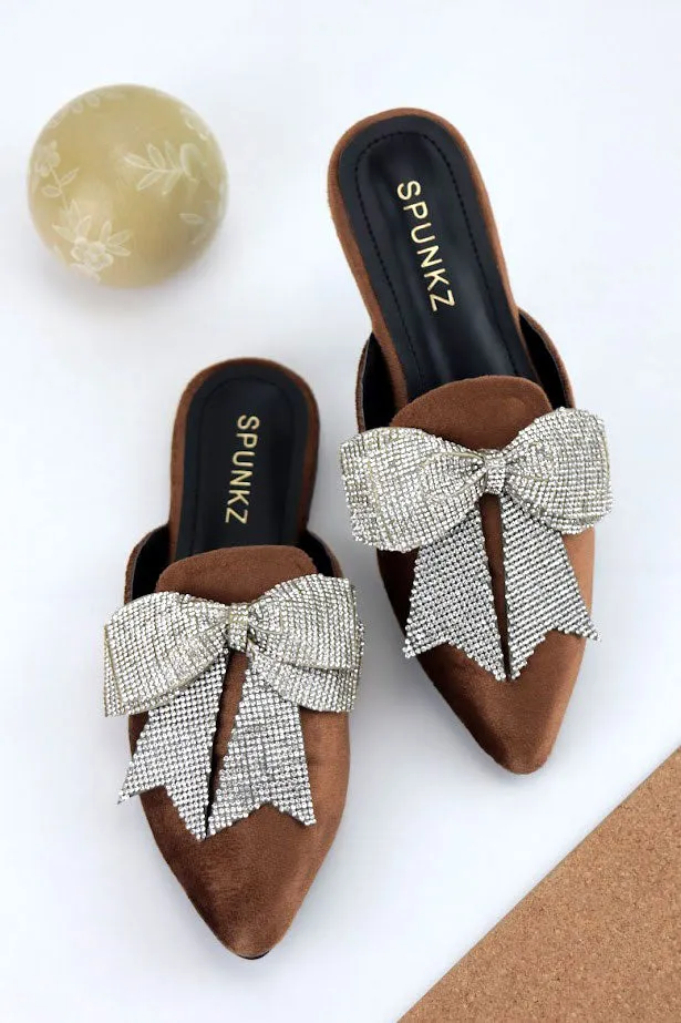 Annabel Chocolate Brown Crystal mesh bow Velvet Mules-11029