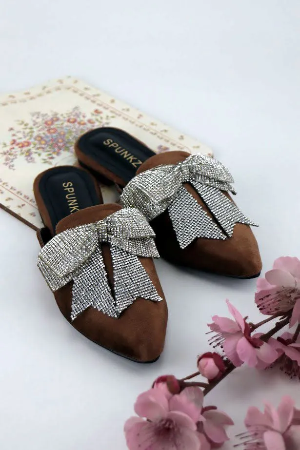 Annabel Chocolate Brown Crystal mesh bow Velvet Mules-11029
