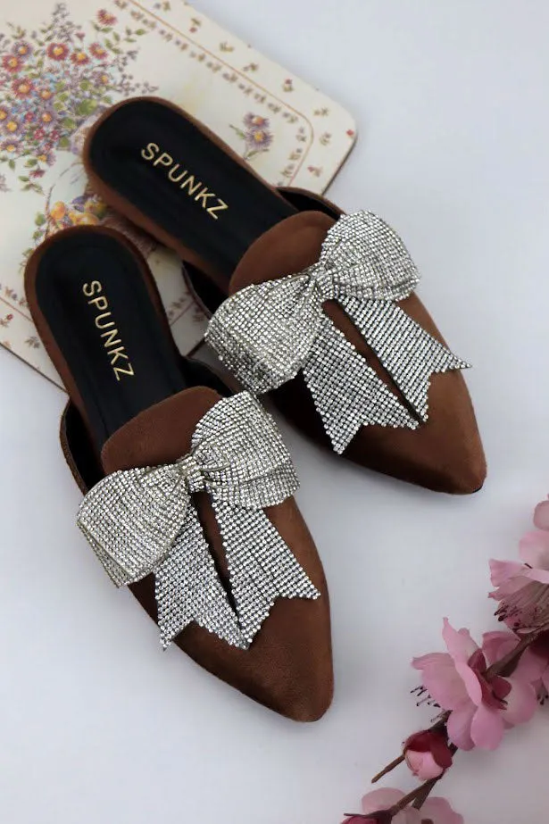 Annabel Chocolate Brown Crystal mesh bow Velvet Mules-11029