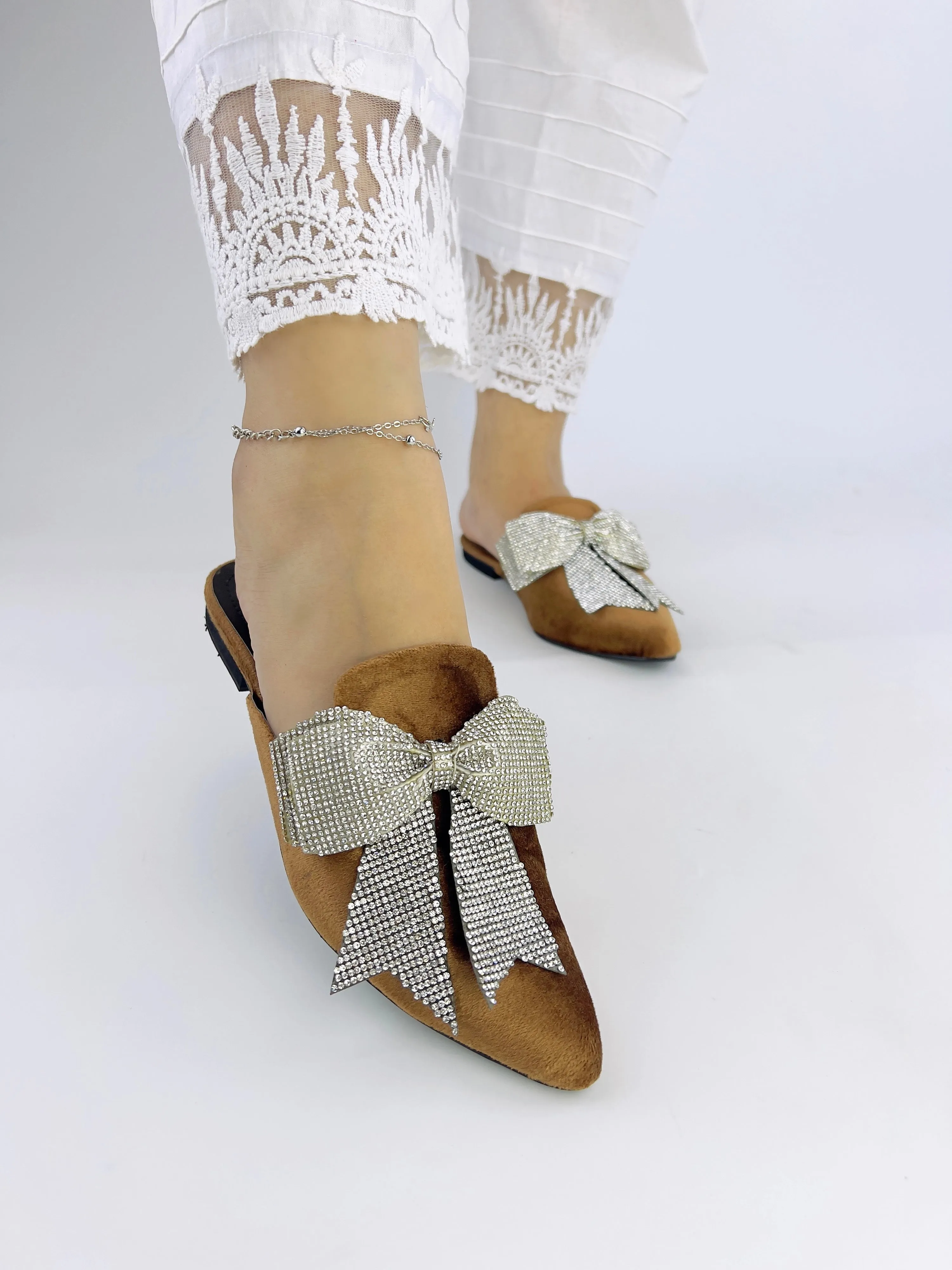 Annabel Chocolate Brown Crystal mesh bow Velvet Mules-11029