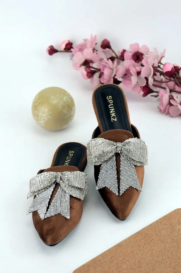 Annabel Chocolate Brown Crystal mesh bow Velvet Mules-11029