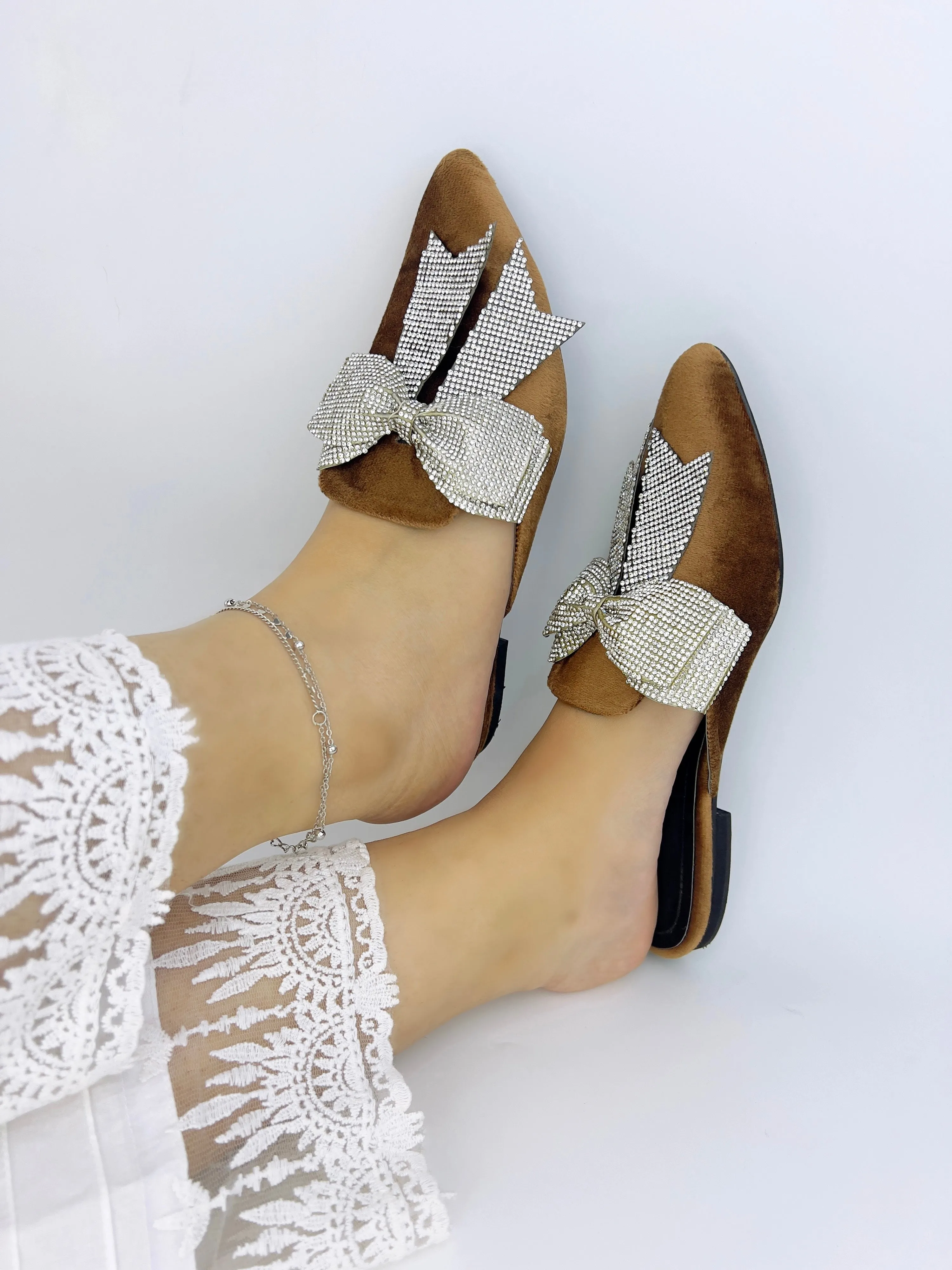 Annabel Chocolate Brown Crystal mesh bow Velvet Mules-11029