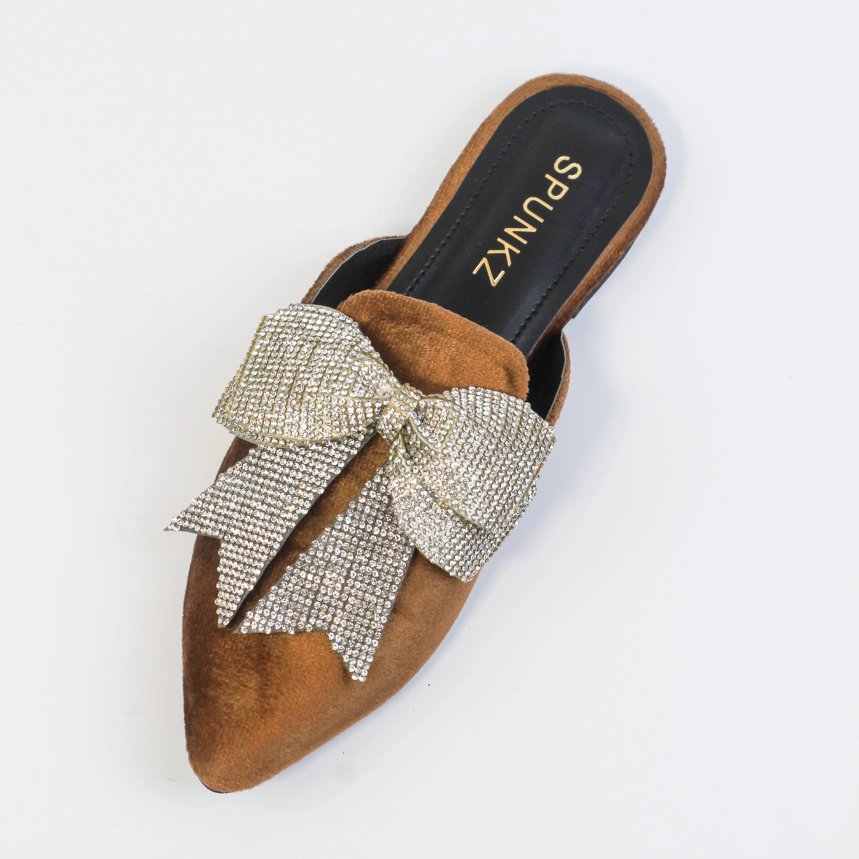 Annabel Chocolate Brown Crystal mesh bow Velvet Mules-11029