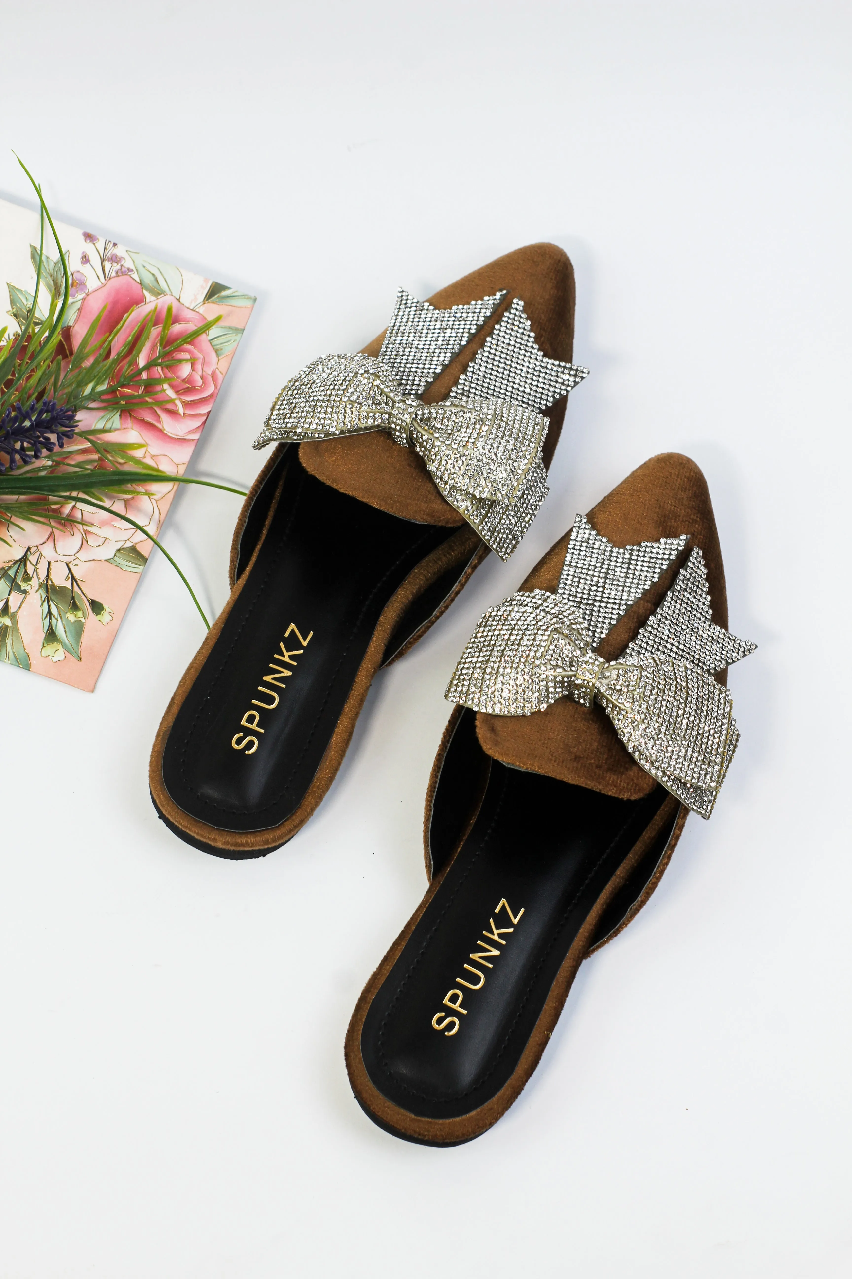Annabel Chocolate Brown Crystal mesh bow Velvet Mules-11029