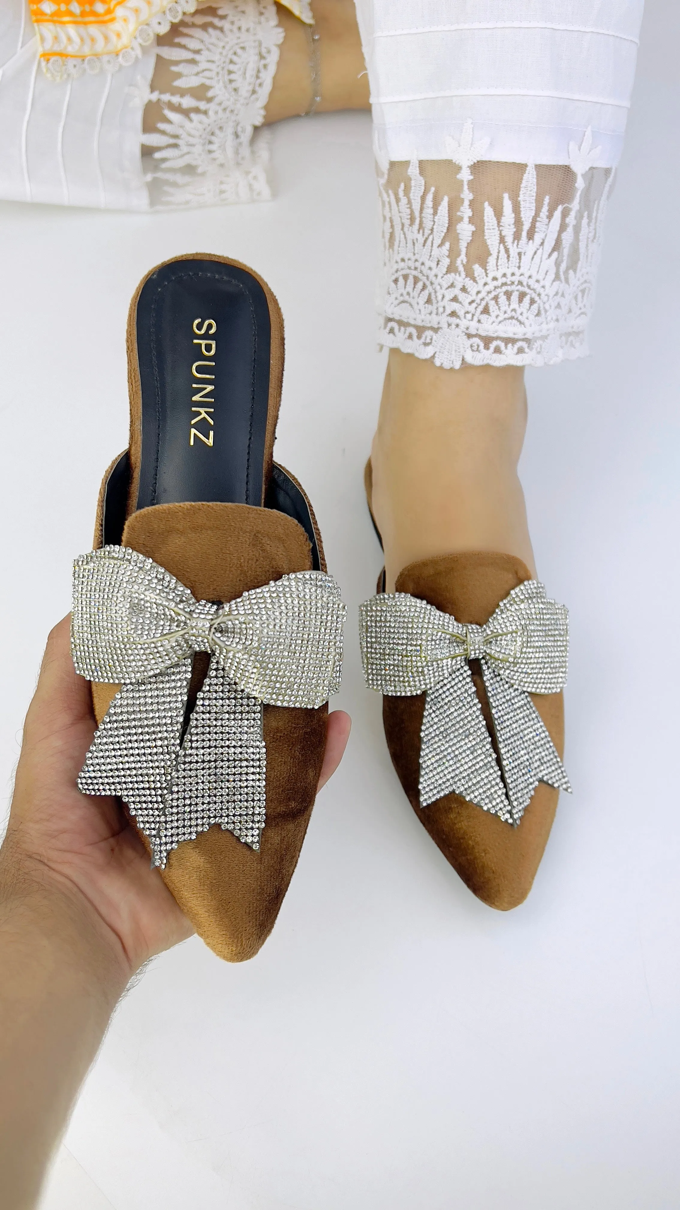 Annabel Chocolate Brown Crystal mesh bow Velvet Mules-11029