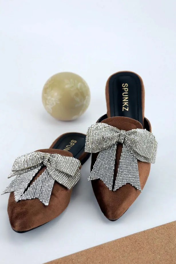 Annabel Chocolate Brown Crystal mesh bow Velvet Mules-11029