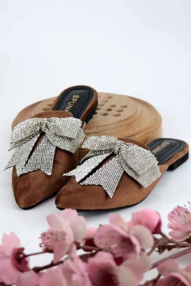 Annabel Chocolate Brown Crystal mesh bow Velvet Mules-11029