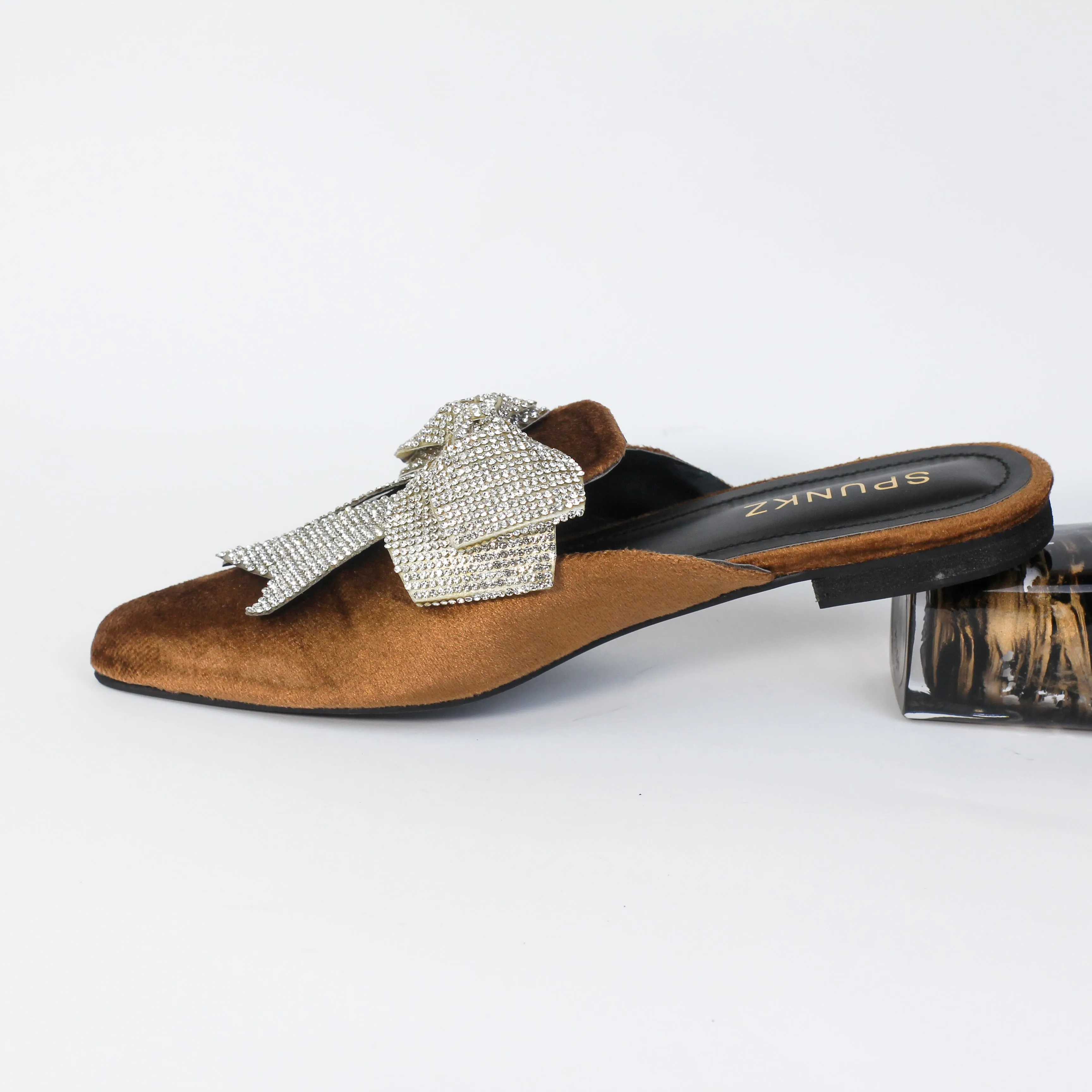 Annabel Chocolate Brown Crystal mesh bow Velvet Mules-11029