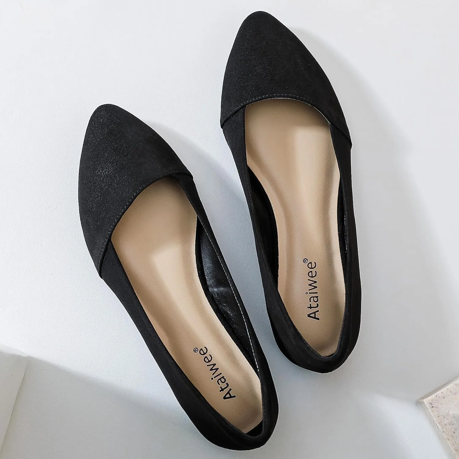 Ataiwee Women's Wide Width Flat Shoes, Classic Dressy Pointed Suede Cozy Slip on Soft Ballet Flats.