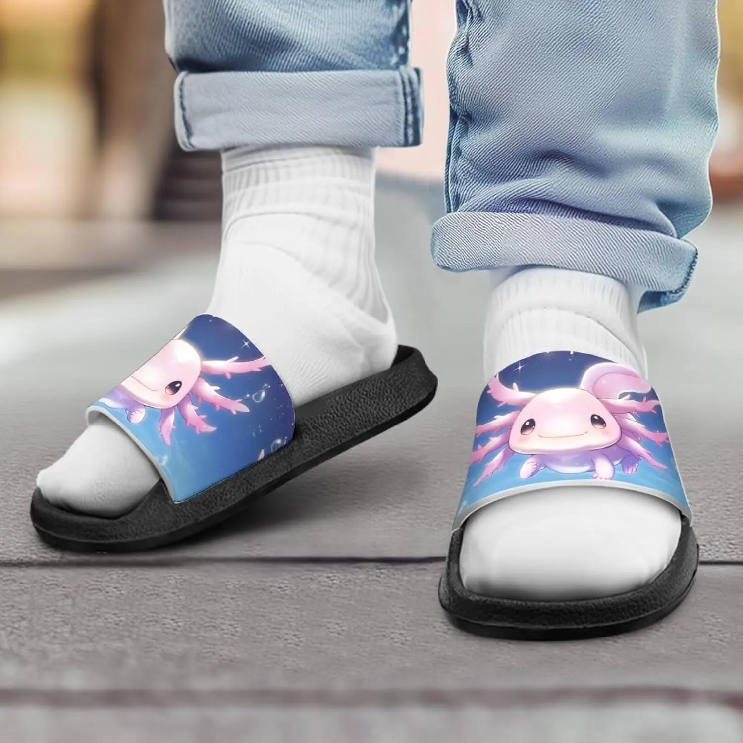 Axolotls Kids Sandals Summer Non Slip Open Toe Slippers for Boys Girls Cute Shower Beach Shoes Soft Footbed One Slide Sandal Lightweight Casual Outdoor Indoor Slipper