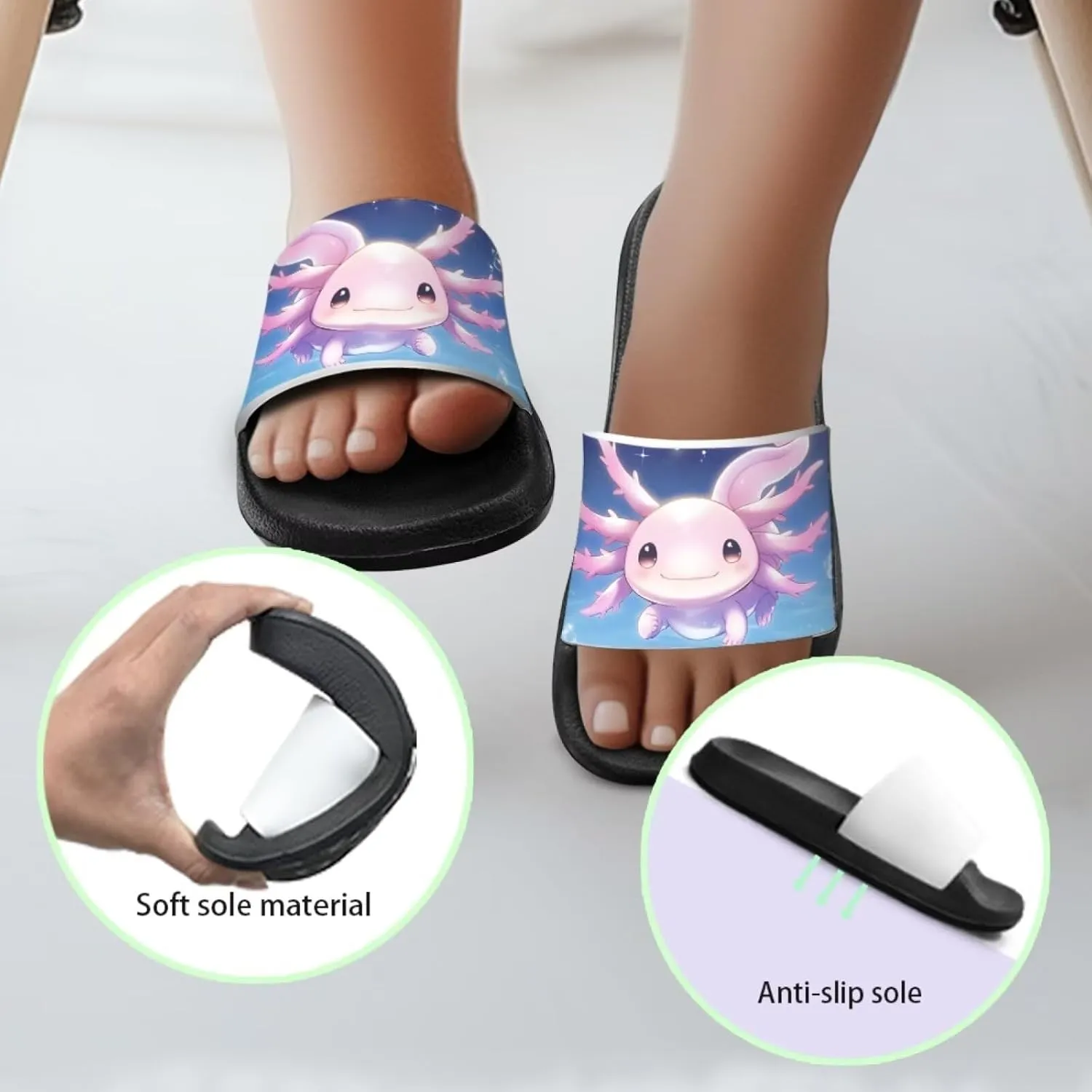 Axolotls Kids Sandals Summer Non Slip Open Toe Slippers for Boys Girls Cute Shower Beach Shoes Soft Footbed One Slide Sandal Lightweight Casual Outdoor Indoor Slipper