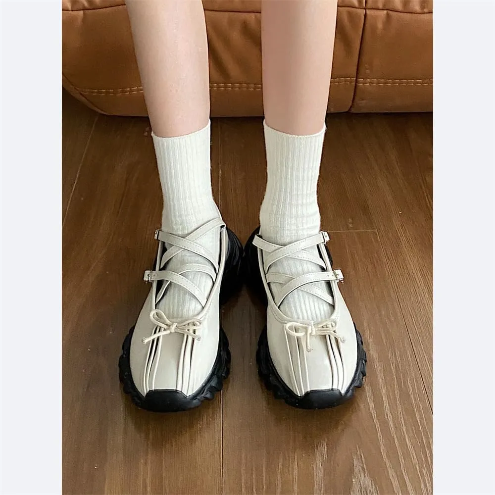 Ballet Sneakers for Women Round Toe Sneakerina Comfort Wear Bows Dad Shoes Mary Jane Chunky Platform Cute Y2K Retro Kawaii Elegant Dressy Fashion Trendy Tennis Trainers Back to School Summer Outdoors