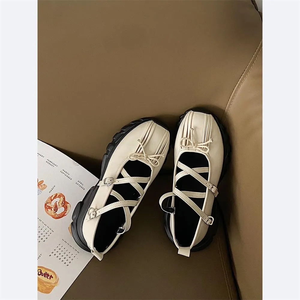 Ballet Sneakers for Women Round Toe Sneakerina Comfort Wear Bows Dad Shoes Mary Jane Chunky Platform Cute Y2K Retro Kawaii Elegant Dressy Fashion Trendy Tennis Trainers Back to School Summer Outdoors