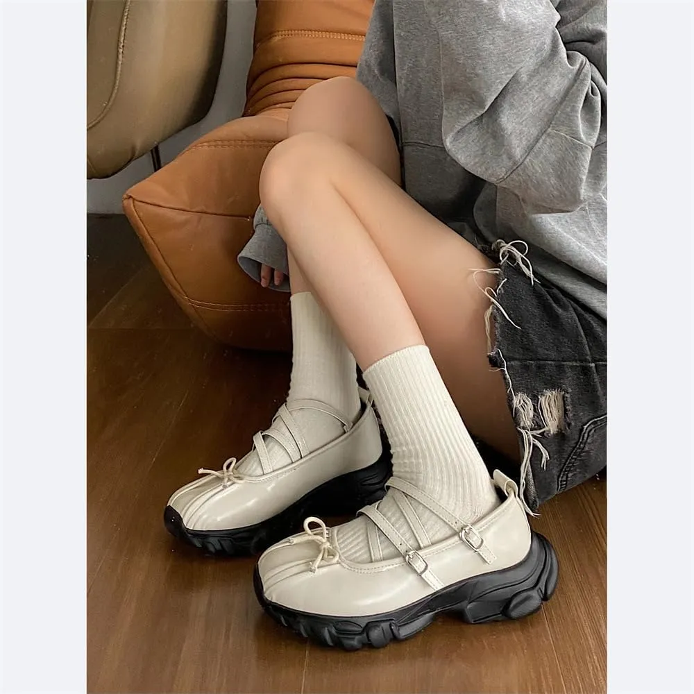 Ballet Sneakers for Women Round Toe Sneakerina Comfort Wear Bows Dad Shoes Mary Jane Chunky Platform Cute Y2K Retro Kawaii Elegant Dressy Fashion Trendy Tennis Trainers Back to School Summer Outdoors