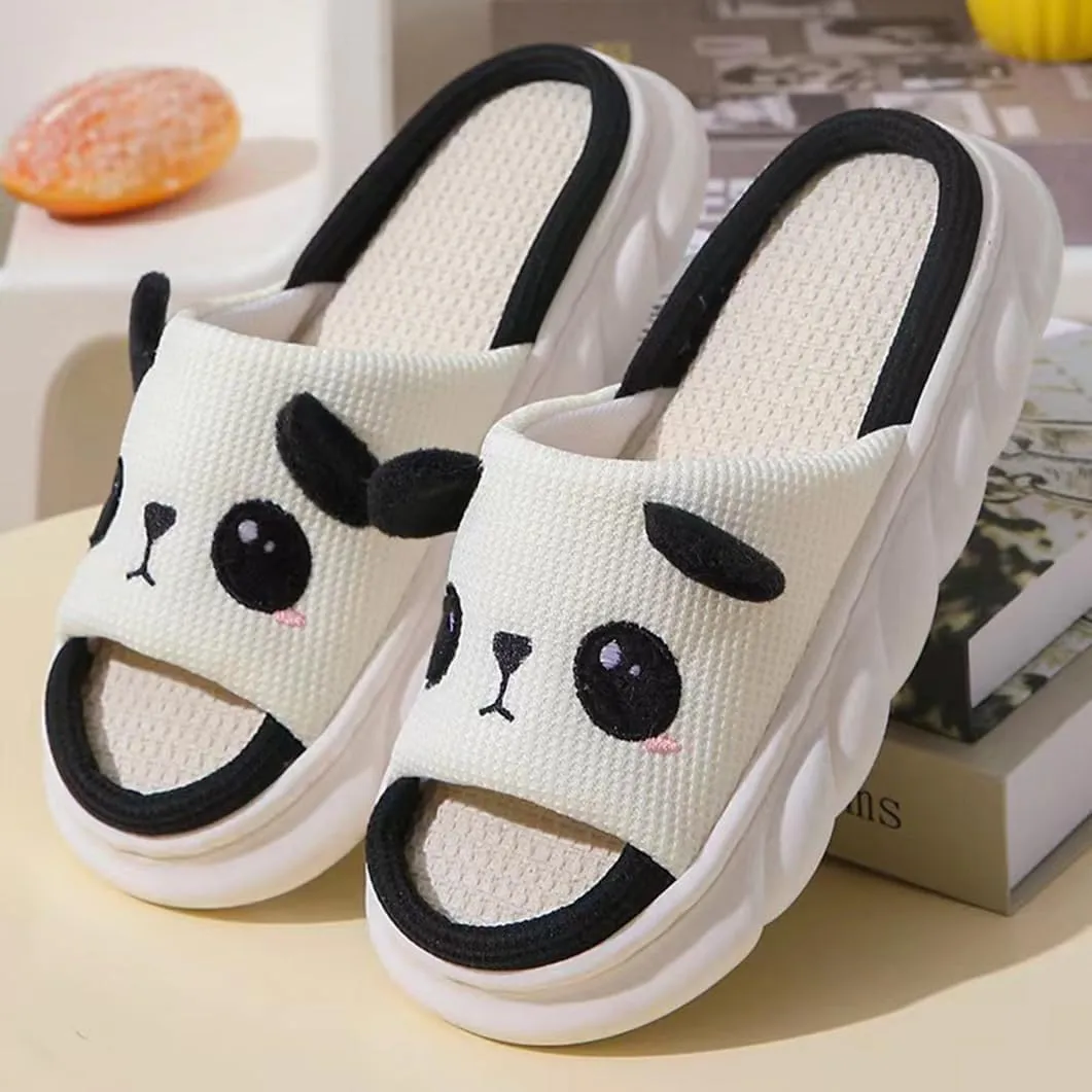 Cartoon Panda Slippers for Women Men, Cute Animal Non-Slip Slides Sandals, Cotton Linen Couple's Home Shoes Indoor and Outdoor