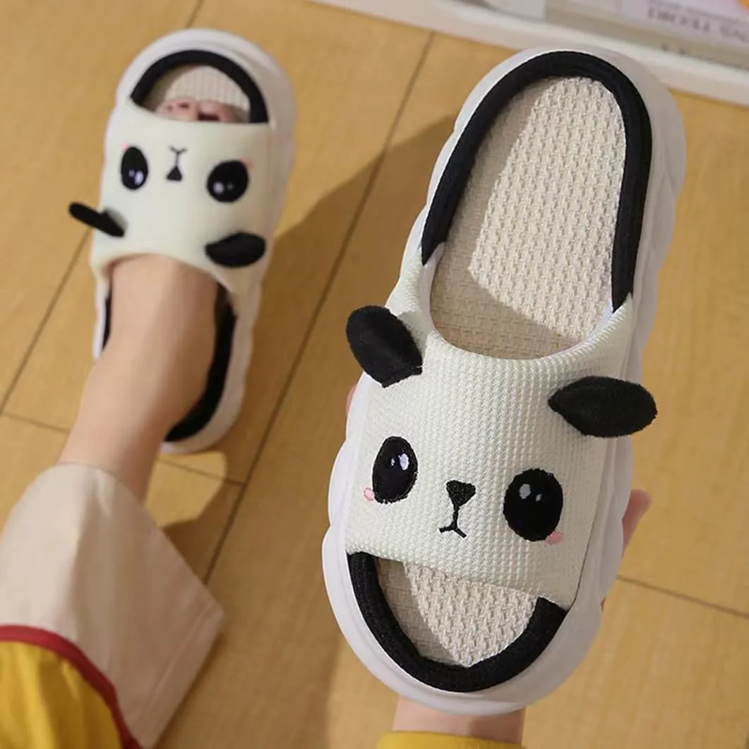Cartoon Panda Slippers for Women Men, Cute Animal Non-Slip Slides Sandals, Cotton Linen Couple's Home Shoes Indoor and Outdoor