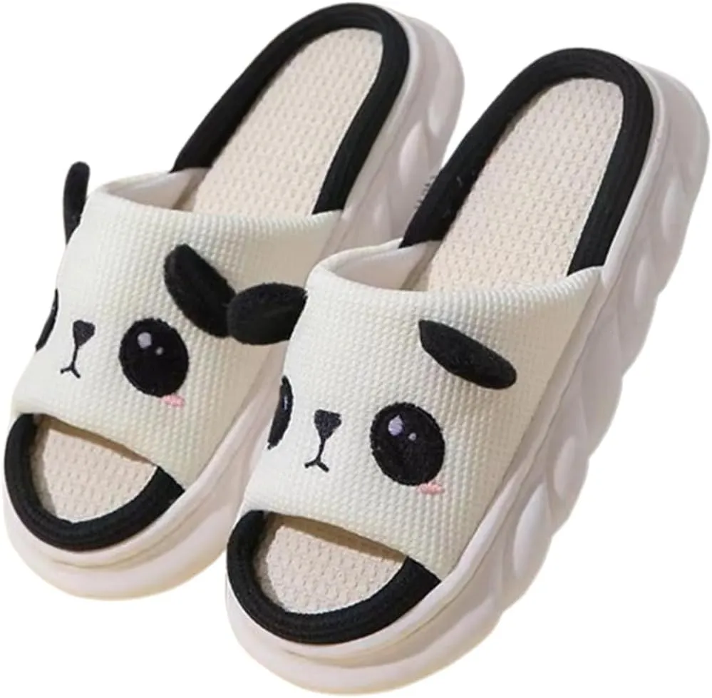 Cartoon Panda Slippers for Women Men, Cute Animal Non-Slip Slides Sandals, Cotton Linen Couple's Home Shoes Indoor and Outdoor