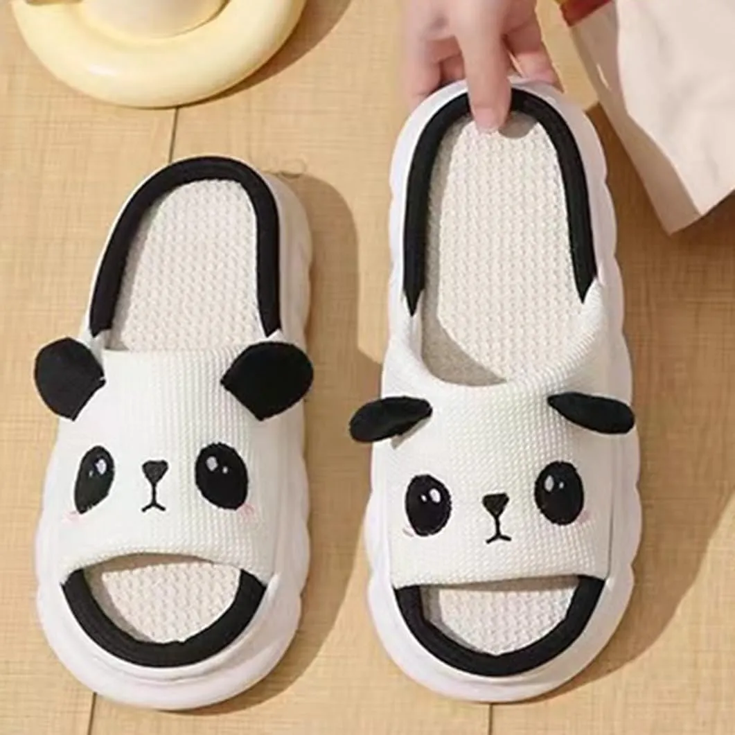 Cartoon Panda Slippers for Women Men, Cute Animal Non-Slip Slides Sandals, Cotton Linen Couple's Home Shoes Indoor and Outdoor