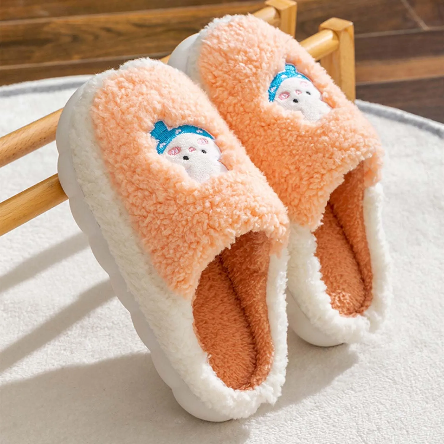 Cartoon Rabbit Slippers for Kids Girls Women Cute Fluffy Memory Foam House Slippers Warm Plush Bedroom Anti-Slip Animal House Shoes