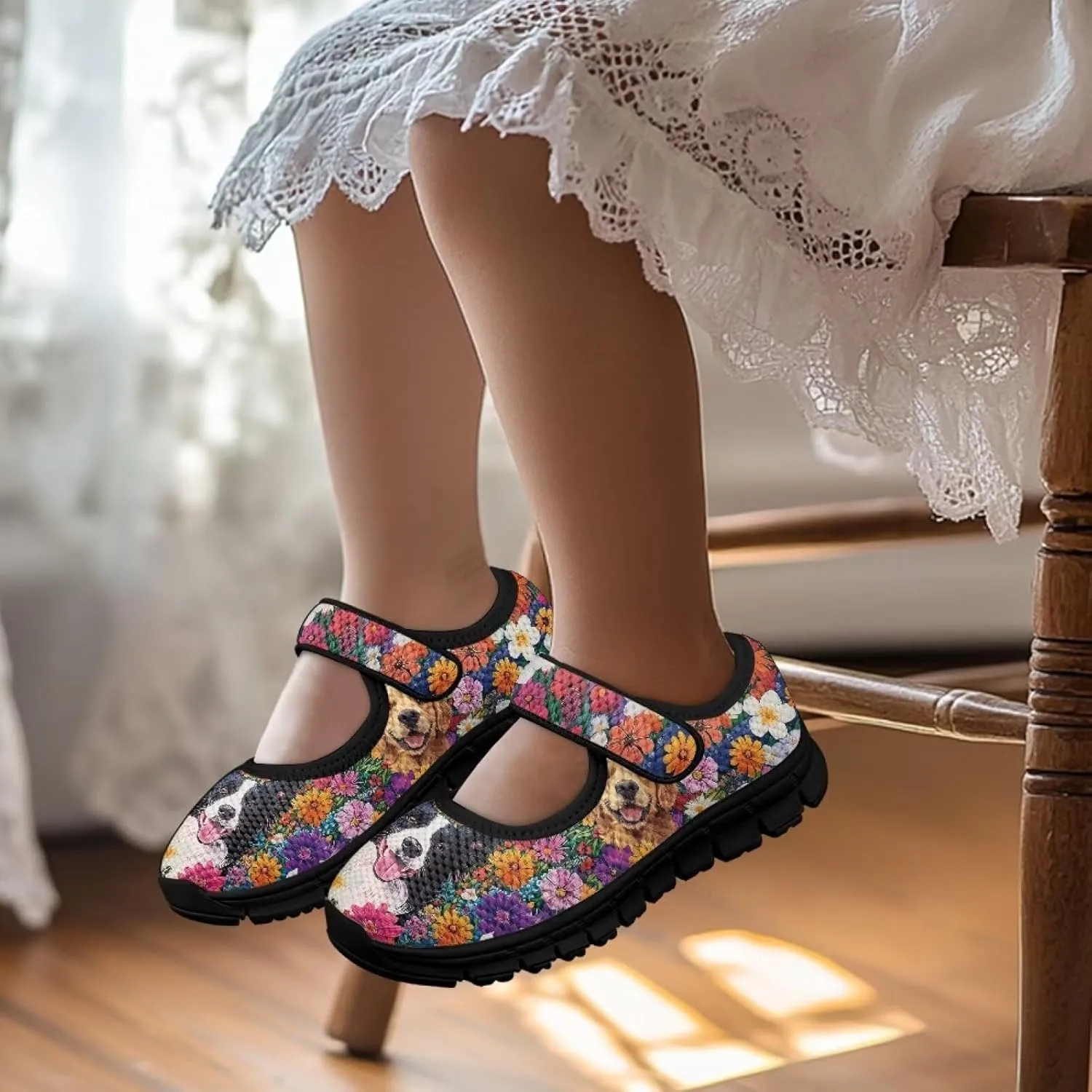 Children's Cartoon Single Buckle Sneaker,Girls Comfort Breathable Mesh Casual Shoes,Low-top Flat Shoes,Black Sole