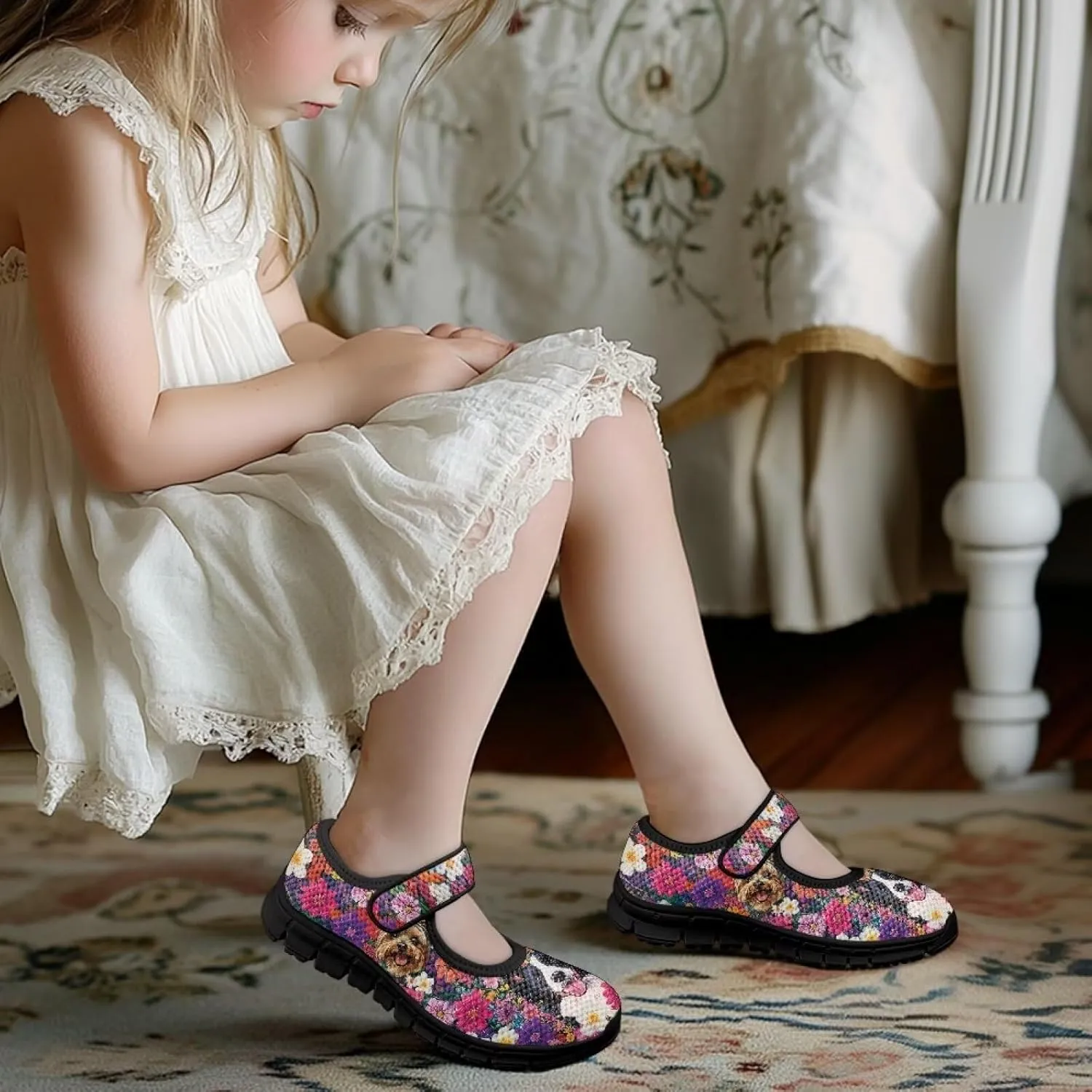 Children's Cartoon Single Buckle Sneaker,Girls Comfort Breathable Mesh Casual Shoes,Low-top Flat Shoes,Black Sole