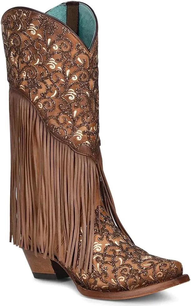 CORRAL LADIE'S HONEY LAMB OVERLAY & EMBROIDERY & FRINGES, SNIP TOE, LEATHER SOLE, WESTERN, C3876