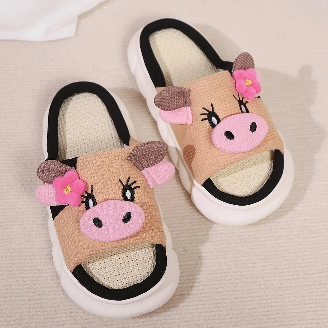 Cow Linen Animal Slippers - Breathable, Easy to Clean, Silent Non-slip Thick Sole, Cozy House Shoes for All Seasons Women and Men