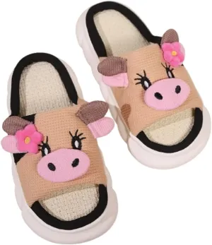 Cow Linen Animal Slippers - Breathable, Easy to Clean, Silent Non-slip Thick Sole, Cozy House Shoes for All Seasons Women and Men