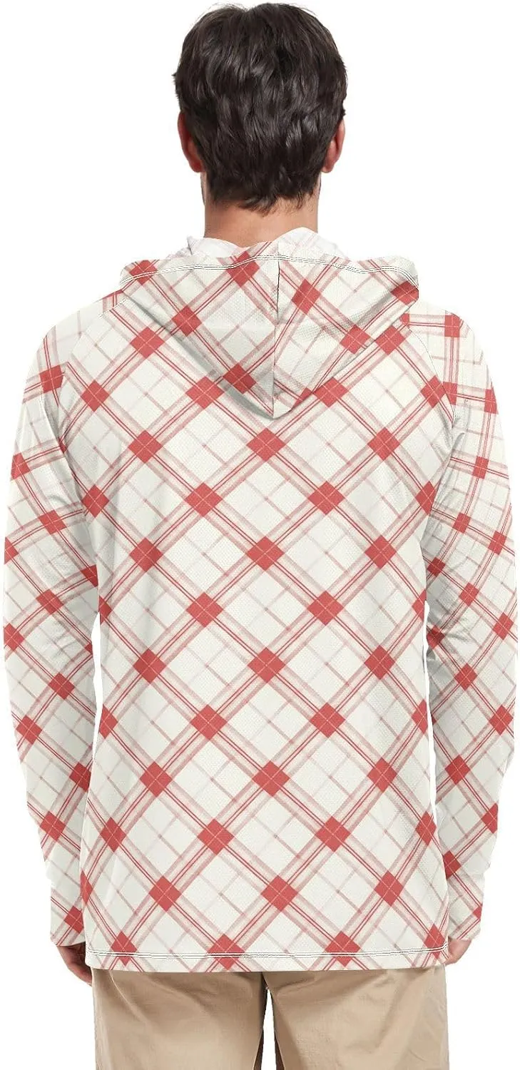 Cream Red Plaid Mens Sun Protection Hoodie Long Sleeve Fishing Shirt UPF 50  Hiking Hoodie Mens Rash Guard UV