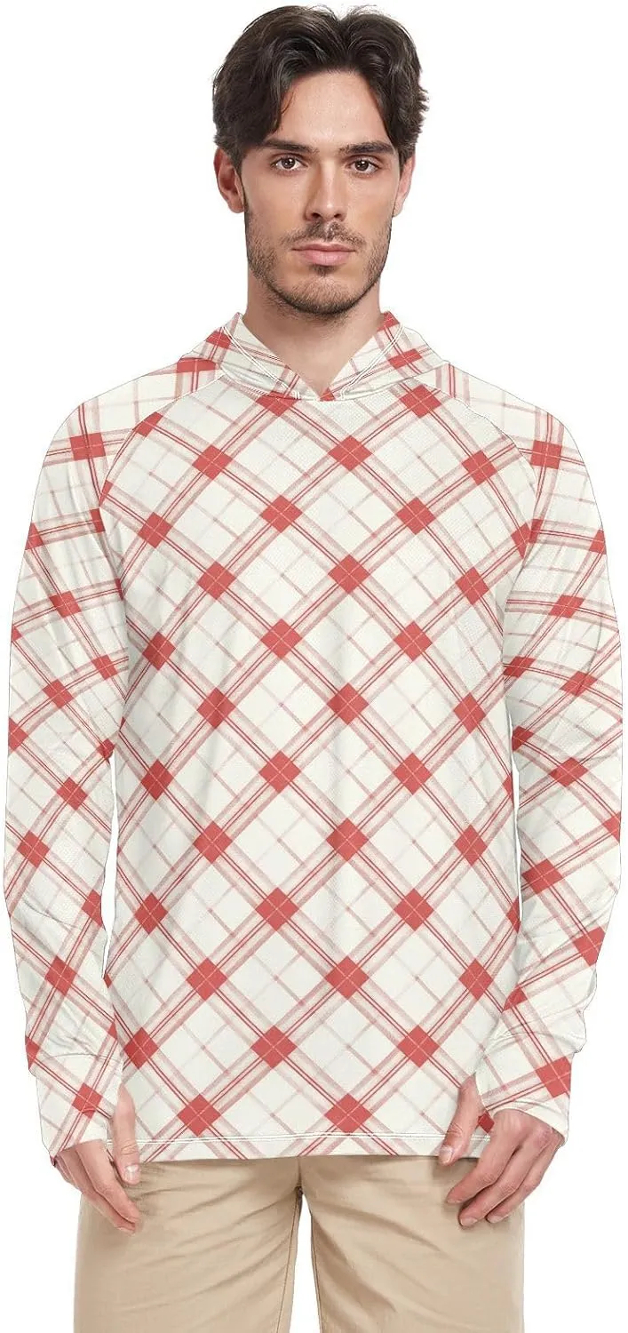 Cream Red Plaid Mens Sun Protection Hoodie Long Sleeve Fishing Shirt UPF 50  Hiking Hoodie Mens Rash Guard UV