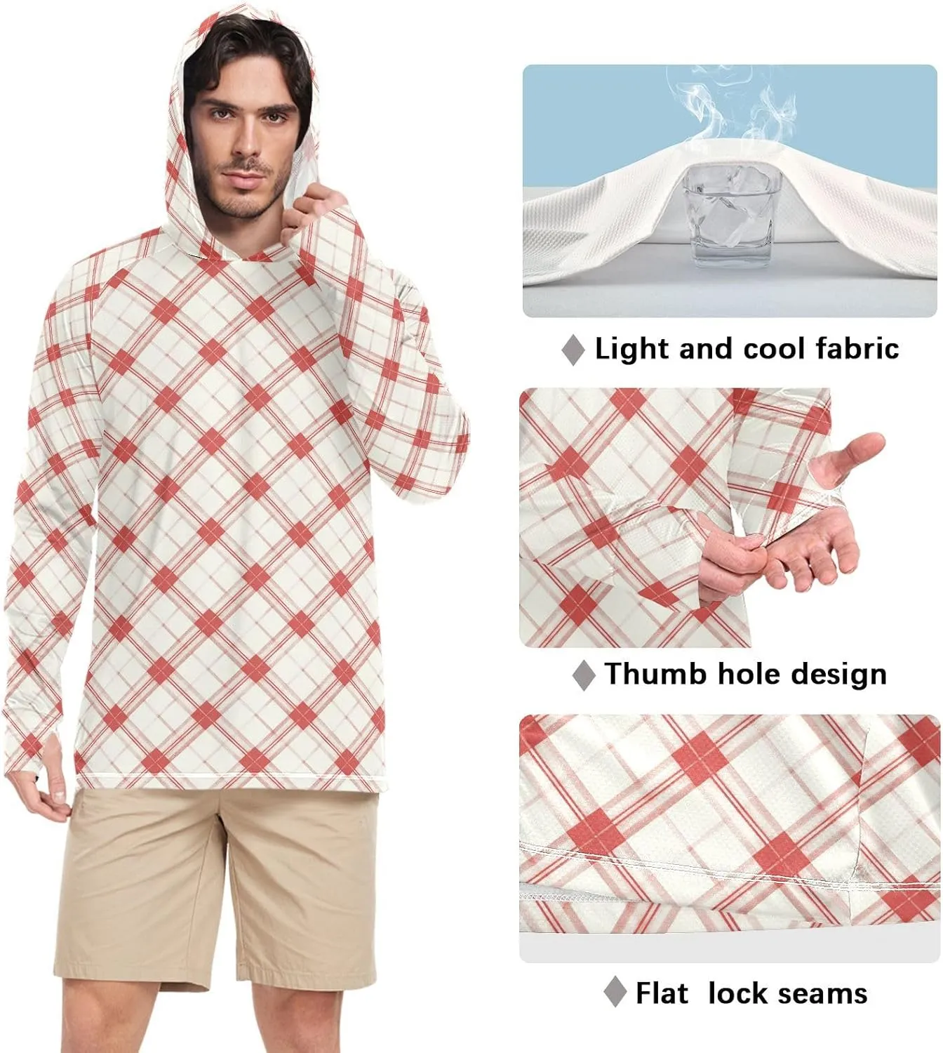 Cream Red Plaid Mens Sun Protection Hoodie Long Sleeve Fishing Shirt UPF 50  Hiking Hoodie Mens Rash Guard UV