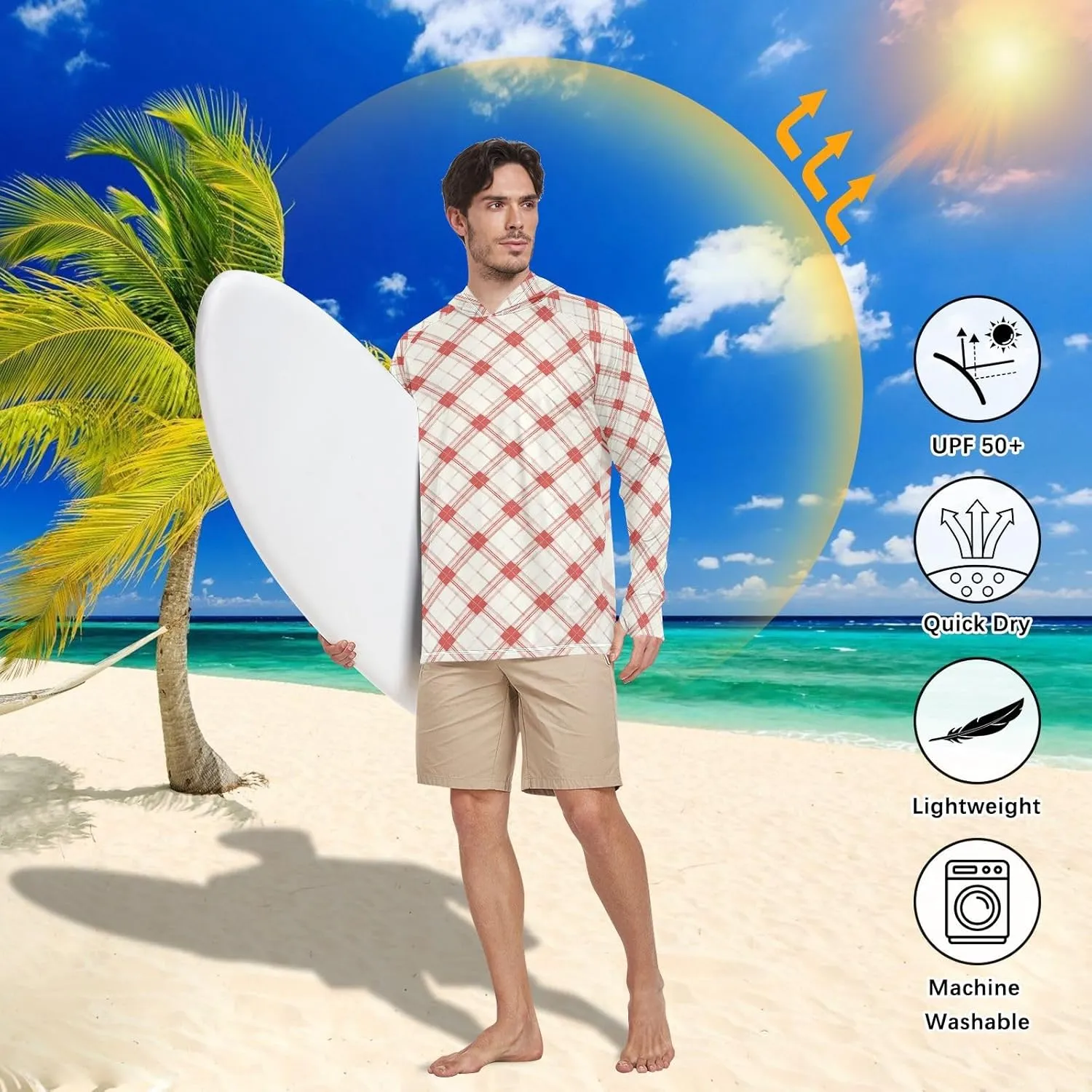 Cream Red Plaid Mens Sun Protection Hoodie Long Sleeve Fishing Shirt UPF 50  Hiking Hoodie Mens Rash Guard UV