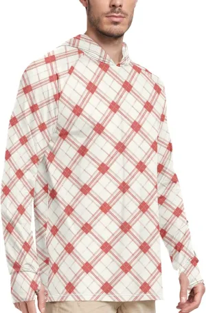 Cream Red Plaid Mens Sun Protection Hoodie Long Sleeve Fishing Shirt UPF 50  Hiking Hoodie Mens Rash Guard UV