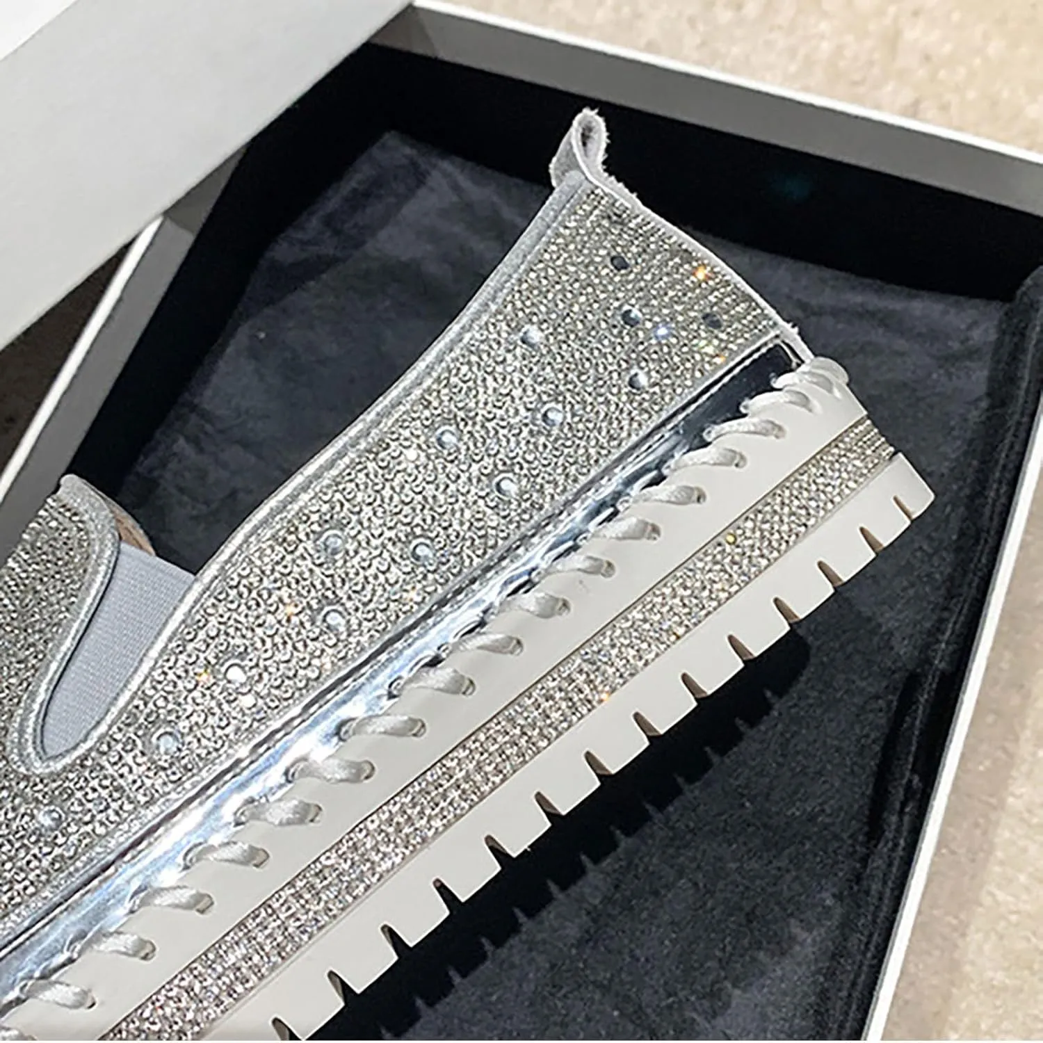 Crzidha Women's Platform Rhinestones Glitter Sneaker Bling Slip On Comfort Sneaker Flat Loafer Casual Shoes Sparkly Walking Round Toe Low Top Shoes Lightweight Breathable Non-Slip Fashion Dress Shoes