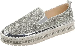 Crzidha Women's Platform Rhinestones Glitter Sneaker Bling Slip On Comfort Sneaker Flat Loafer Casual Shoes Sparkly Walking Round Toe Low Top Shoes Lightweight Breathable Non-Slip Fashion Dress Shoes