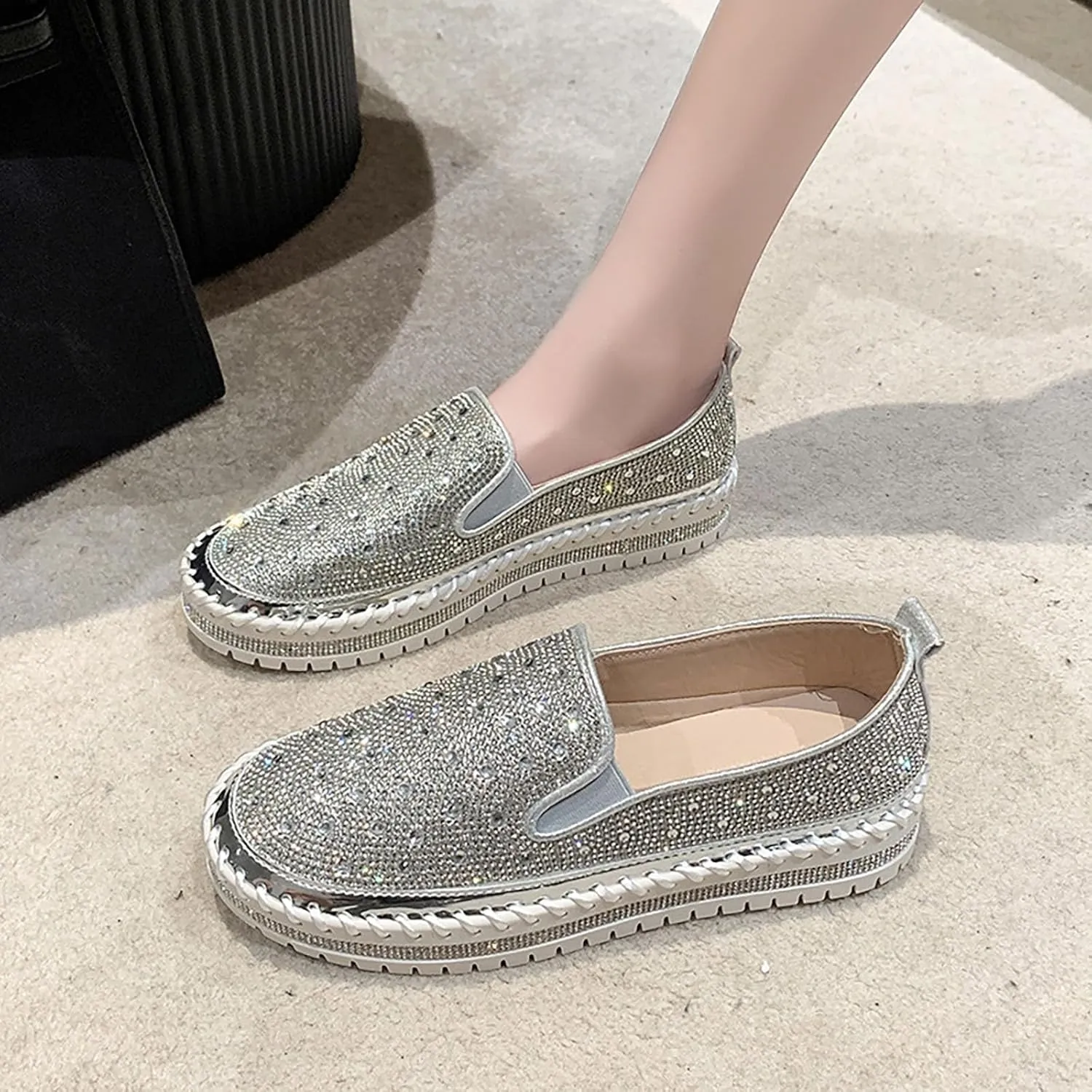 Crzidha Women's Platform Rhinestones Glitter Sneaker Bling Slip On Comfort Sneaker Flat Loafer Casual Shoes Sparkly Walking Round Toe Low Top Shoes Lightweight Breathable Non-Slip Fashion Dress Shoes