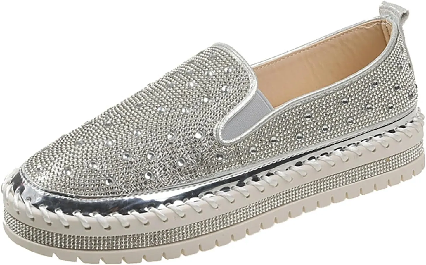 Crzidha Women's Platform Rhinestones Glitter Sneaker Bling Slip On Comfort Sneaker Flat Loafer Casual Shoes Sparkly Walking Round Toe Low Top Shoes Lightweight Breathable Non-Slip Fashion Dress Shoes