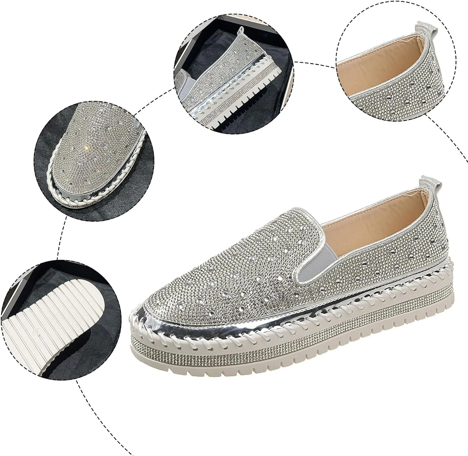 Crzidha Women's Platform Rhinestones Glitter Sneaker Bling Slip On Comfort Sneaker Flat Loafer Casual Shoes Sparkly Walking Round Toe Low Top Shoes Lightweight Breathable Non-Slip Fashion Dress Shoes