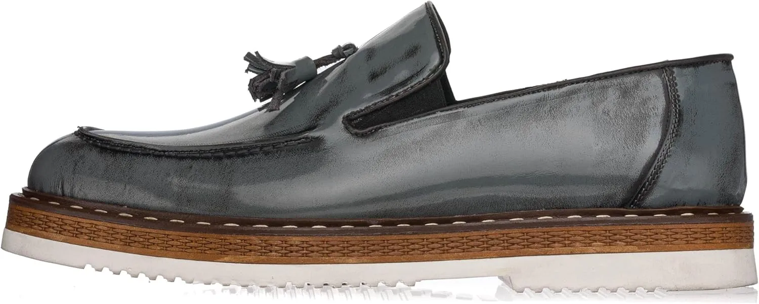 DALGALA Men's Gray Leather Handcrafted Fringe Loafer Shoes Slip on Fashion Eva Sole Lightweight Casual Shoes