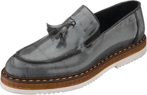 DALGALA Men's Gray Leather Handcrafted Fringe Loafer Shoes Slip on Fashion Eva Sole Lightweight Casual Shoes