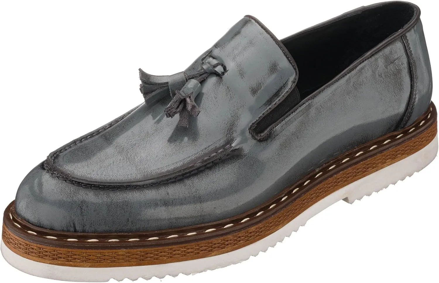 DALGALA Men's Gray Leather Handcrafted Fringe Loafer Shoes Slip on Fashion Eva Sole Lightweight Casual Shoes