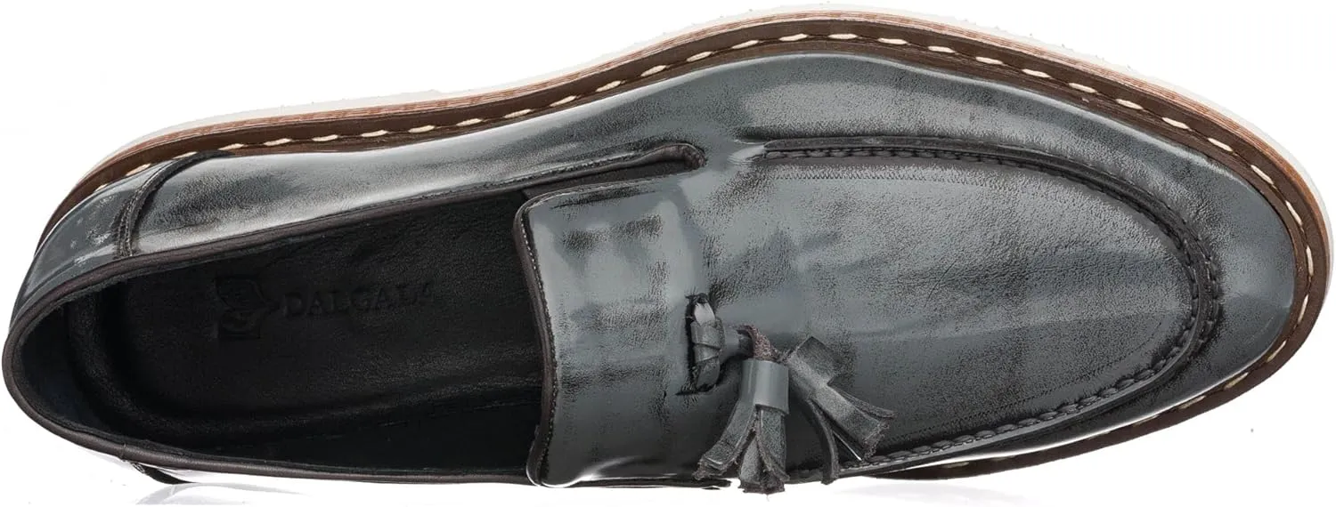 DALGALA Men's Gray Leather Handcrafted Fringe Loafer Shoes Slip on Fashion Eva Sole Lightweight Casual Shoes